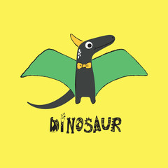Illustration of a cute dinosaur with horn and wings on yellow background