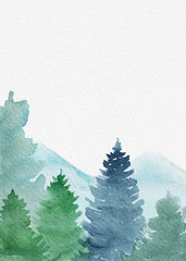 Light spruce forest in mountains. Watercolour hand painted illustration with paper texture and blank space for text