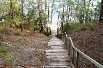 Wooden stairs access to the beach in carcans maubuisson lake France