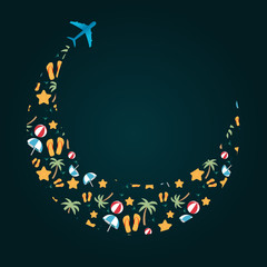 Tourist concept. The plane flying in a circle cuts the sky and leaves a trace associated with rest.. Vector