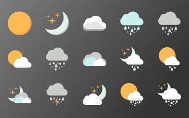 Set of weather icons. Flat style. Different weather, rain, snow, cloudiness, the sun. Icon set meteorology for mobile and web application. Vector
