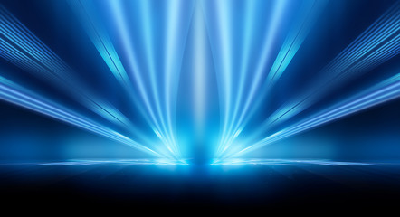 Dark background with lines and spotlights, neon light, night view. Abstract blue background. Blue dark empty scene.