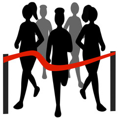 Silhouettes of running people. Vector illustration. Women and men finish in the race. Homestretch. Flat characters isolated on a white background.