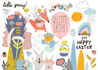 Cute cartoon animals with Easter theme. Happy Easter