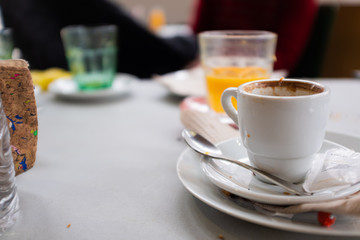 Finished coffee and other dirty breakfast drinks on a restaurant table