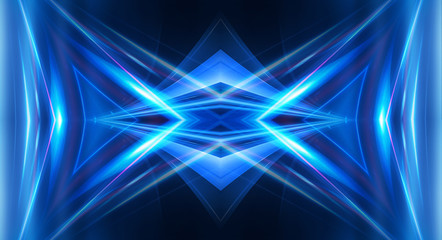 Dark background with lines and spotlights, neon light, night view. Abstract blue background. Blue dark empty scene.
