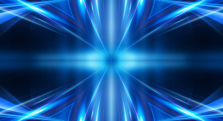 Fototapeta premium Dark background with lines and spotlights, neon light, night view. Abstract blue background. Blue dark empty scene.