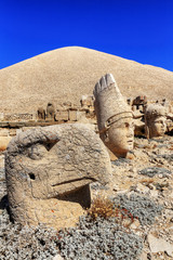 Ancient Commagene statue ruins on top of Mount Nemrut, Adiyaman, Turkey. Unesco World Heritage Site...