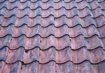 a full frame image of traditional old terracotta curved overlapping pantile roof tiles