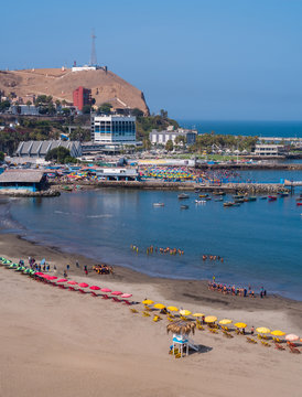 Umbrellas at Agua dulce Beach, in Lima, Peru.