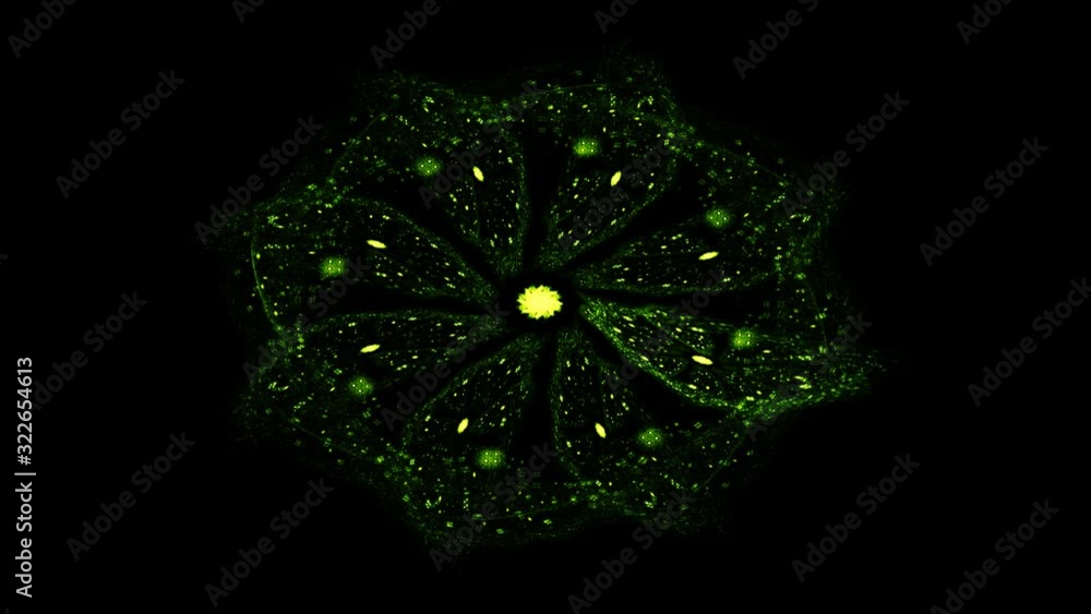 Poster abstract motion colorful sphere of glowing particles on black background. animation flickering point