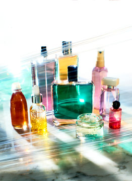 Colorful perfume bottles and cosmetics