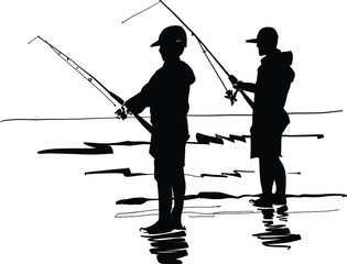 silhouette of fisherman father and son