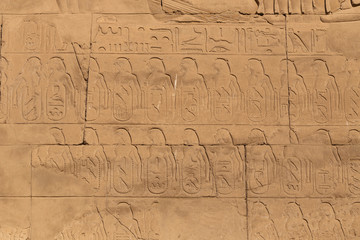 Fototapeta na wymiar Karnak Temple, complex of Amun-Re. Embossed hieroglyphics on walls. Luxor Governorate, Egypt.