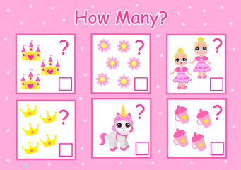 Childrens educational logic game. cute little princess mathematical task. How many. Vector illustration