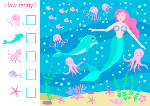 How many counting game, mermaid and undersea world for kids, educational maths task for the development of logical thinking, preschool worksheet activity, count and write the result. eps10