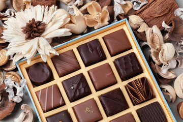 Natural chocolate candies in a beautiful cardboard box.