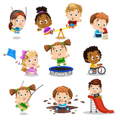 Cute boys and girls go down a slide, sit in mud puddle, play on swing, fly toy kite, jump on trampoline, ride bicycle, play in sandbox.