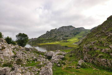 Mountain landscape with rocks, peaks and lakes covered by green grass
