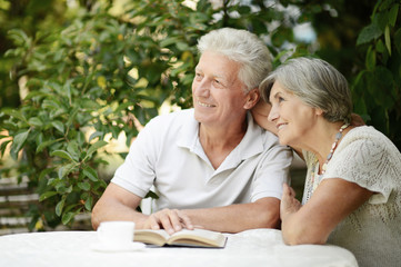 Beautiful old couple reading book at table in summer