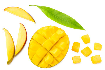 Fototapeta premium mango slices with green leaves isolated on white background. healthy food. top view