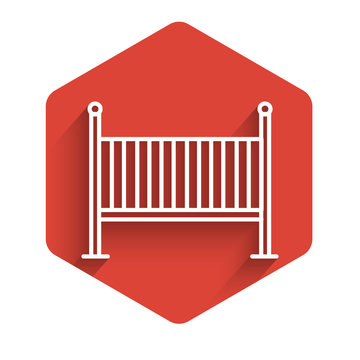 recommend clip art: White line Baby crib cradle bed icon isolated with long shadow. Red hexagon button. Vector Illustration