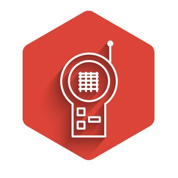recommend clip art: White line Baby Monitor Walkie Talkie icon isolated with long shadow. Red hexagon button. Vector Illustration