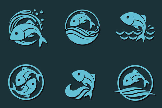 collection of fish icon with waves isolated on dark background