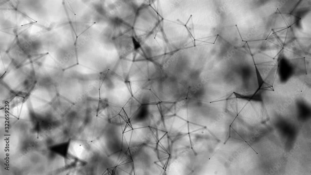 Poster black connecting particles fly slowly on a white background. animated abstract background. 3d render