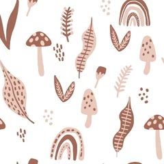 Fototapete Seamless pattern with mushrooms, rainbows, leaves. Creative botanical floral texture. Great for fabric, textile Vector Illustration. scandanavian style © alicia