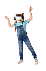 Little girl with virtual reality glasses on white background