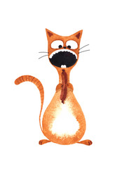 Cute orange cat with a big round belly biting on a sausage. Funny fat skittle-shaped kitten having lunch. Watercolor painting. Hand drawn illustration