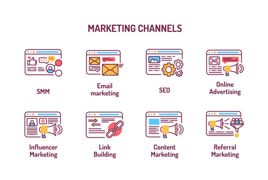Marketing channels color line icons, SMM, email marketing, SEO, online advertising. Digital marketing. Pictograms for web page, mobile app, ad. Editable stroke
