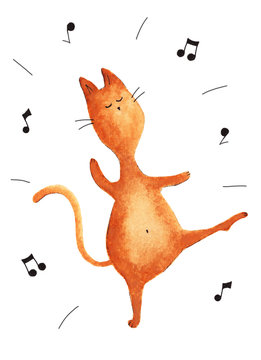 Cute brown kitten with a big round belly dancing. Funny cat listening to music. Watercolor painting. Hand drawn illustration