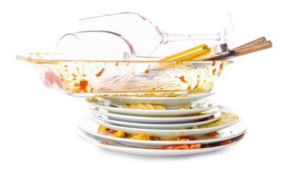 Dirty empty dishes on white background