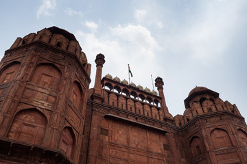 Looking up on the amazing Lahore Gate of the Red Fort complex. Delhi, India.