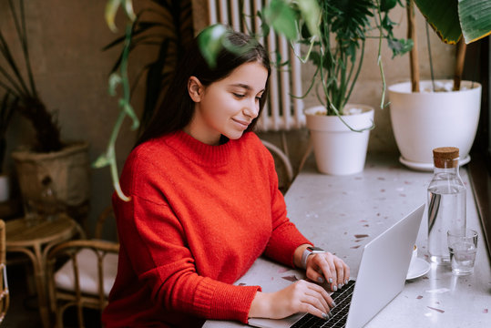 woman in red sweater typing on laptop. Student girl sits in cafe in front of computer, laptop, watches an educational webinar. Businesswoman working remotely in coffee shop - Powered by Adobe