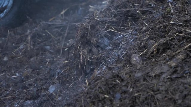 Steaming hot husk compost being digged in slow motion, closeup