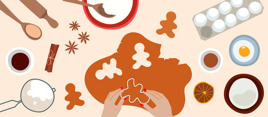 Process of cooking gingerbread vector flat illustration.