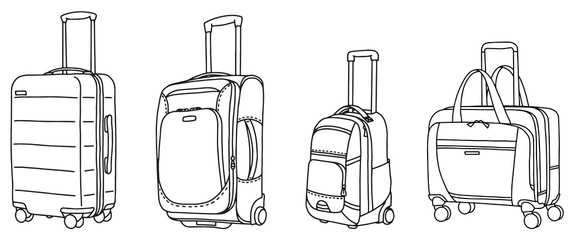 Collection of various baggage with wheels. Suitcase and travel bag for journey, business trip and vacation. Flat set of luggage on transparent background. Simple isolated vector illustration.