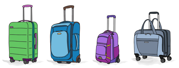 Collection of various baggage with wheels. Suitcase and travel bag for journey, business trip and vacation. Flat colorful set of luggage on transparent background. Simple isolated vector illustration.