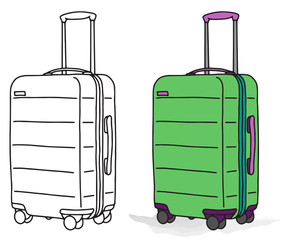 Collection of various baggage with wheels for journey, business trip and vacation. Flat set of luggage on white background. Simple isolated vector illustration.