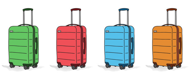 Collection of various baggage with wheels for journey, business trip and vacation. Flat colorful set of luggage on white background. Simple isolated vector illustration.