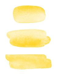 Chrome, amber yellow watercolor brush strokes, oval, rounded shapes, spots, smudges set. Elliptic painted background, aquarelle design element. Watercolour gradient stains text banner, frame template