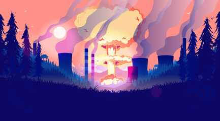Destroying the planet - Nuclear bomb and pollution in landscape, radiation and smog creating the end of the world, apocalypse, catastrophe, no future concept. Vector illustration.