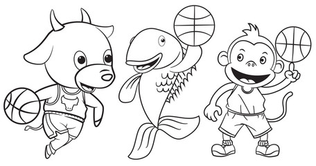 collection of cartoon animals playing basketball used for coloring book