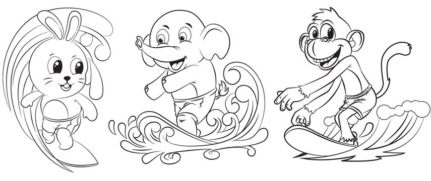 collection of cartoon animals surfing used for coloring book