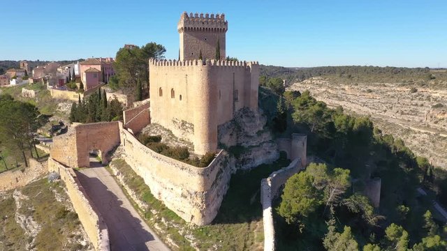 Aerial view of Alarcon castle and fortifications along the Jucar river in Cuenca province Spain