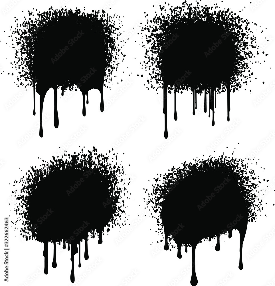 Poster set of 4 black grunge decors with paint drips and spray blobs. vector illustration for your design.