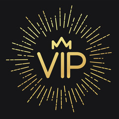 Fototapeta premium Round VIP gold vector emblem with sunburst and crown on a black background. Vector illustration for your design.